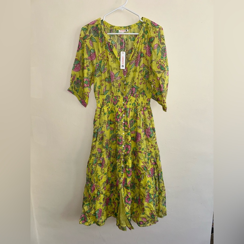 NWT Sundry Puff Sleeve Shirred Waist Midi Dress